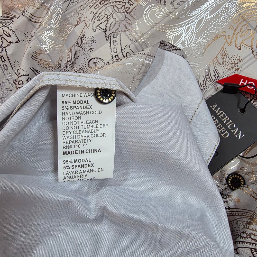 American Breed Mens Smart Shirt Short Sleeve Metallic Paisley Beige Gold Small - Picture 10 of 10